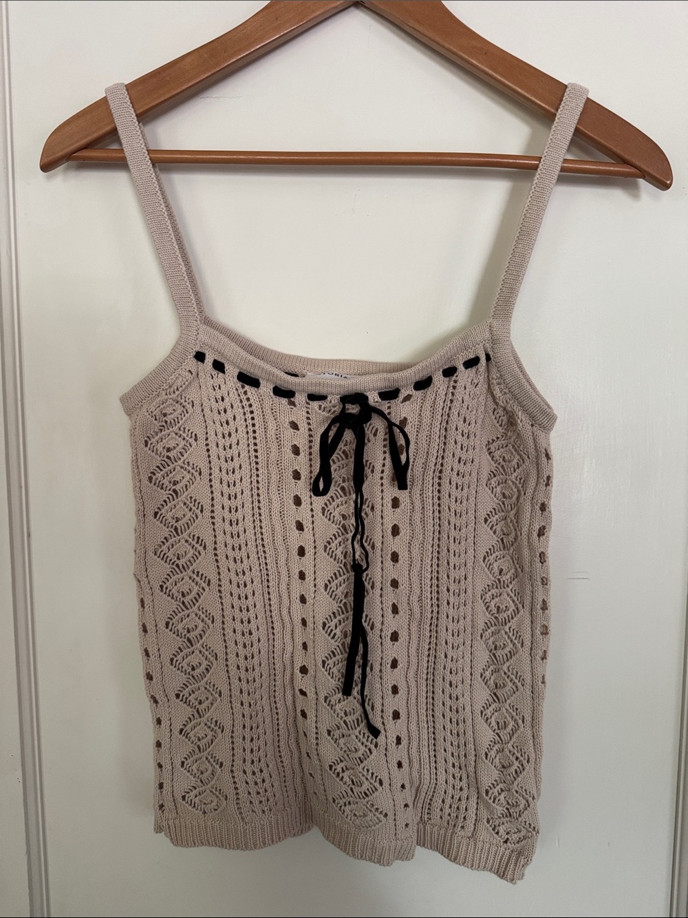Storia Beige Knit Eyelet Tank with Black Tie
